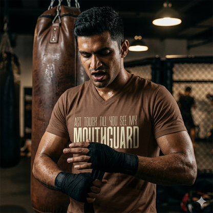 MMA Community Tshirt - Act Tough Till You See My Mouthguard – Oversized Fit Brown Tee (240 GSM)