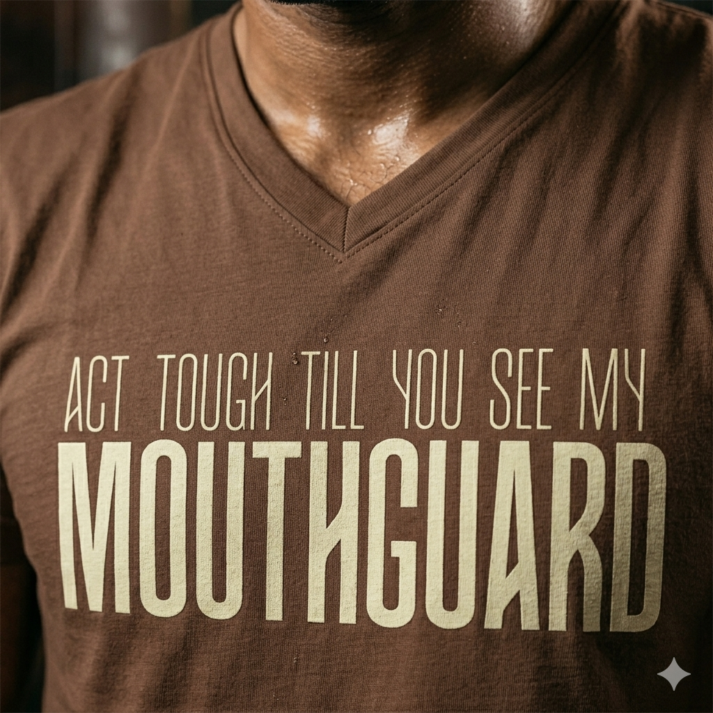 MMA Community Tshirt - Act Tough Till You See My Mouthguard – Oversized Fit Brown Tee (240 GSM)
